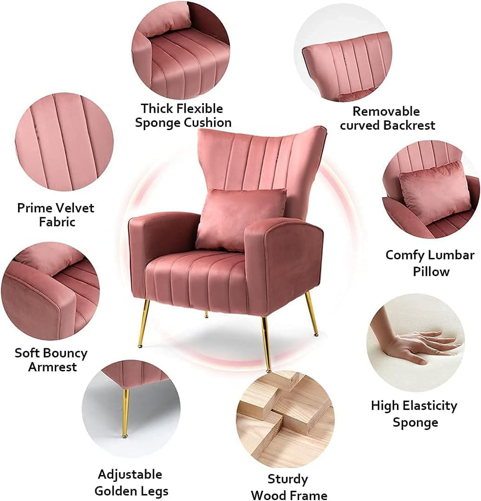 Velvet Accent Chair Bedroom, Modern Arm Chair with Wingback & Gold Metal Legs, Lumbar Pillow Included, Blush Pink