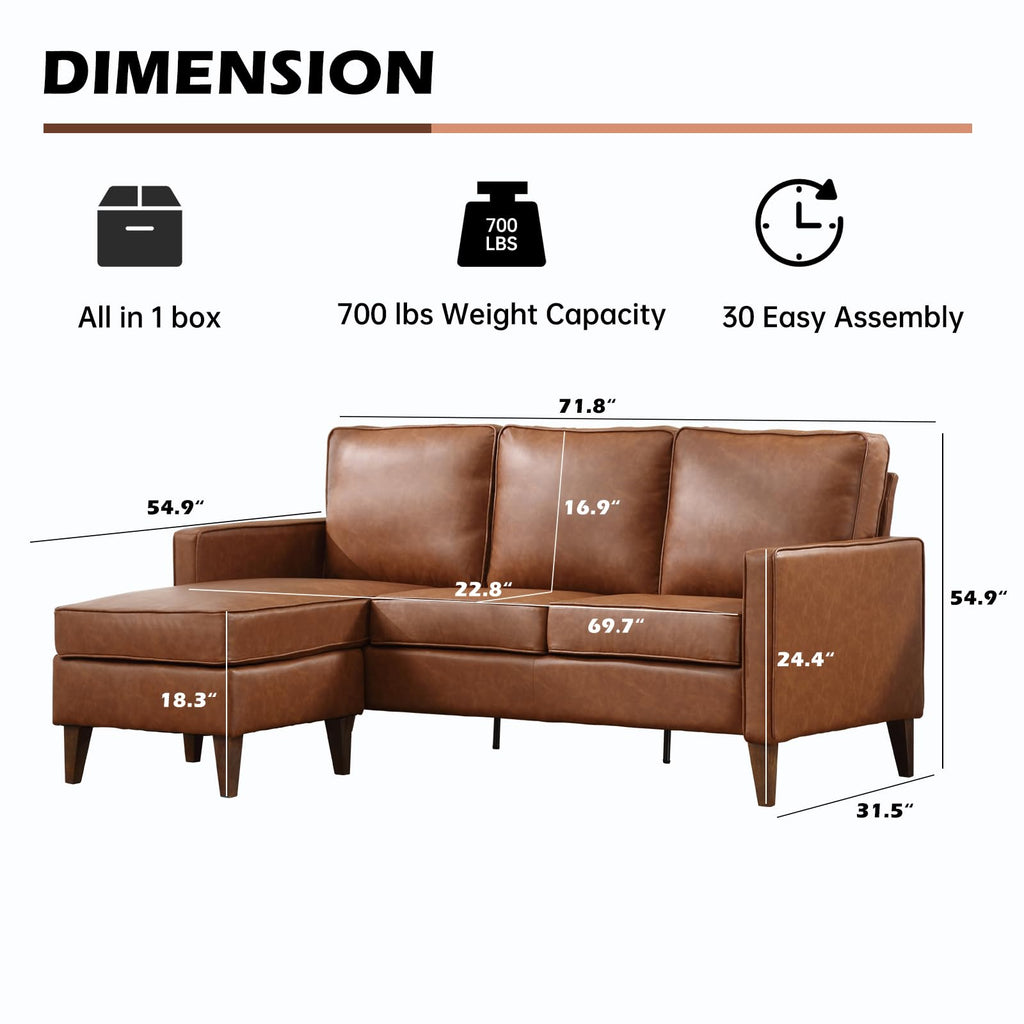 Faux Leather L Shaped Couch with Solid Wood Feet, 3-Seater Sofa with Reversible Chaise, Sectional Couches, Brown
