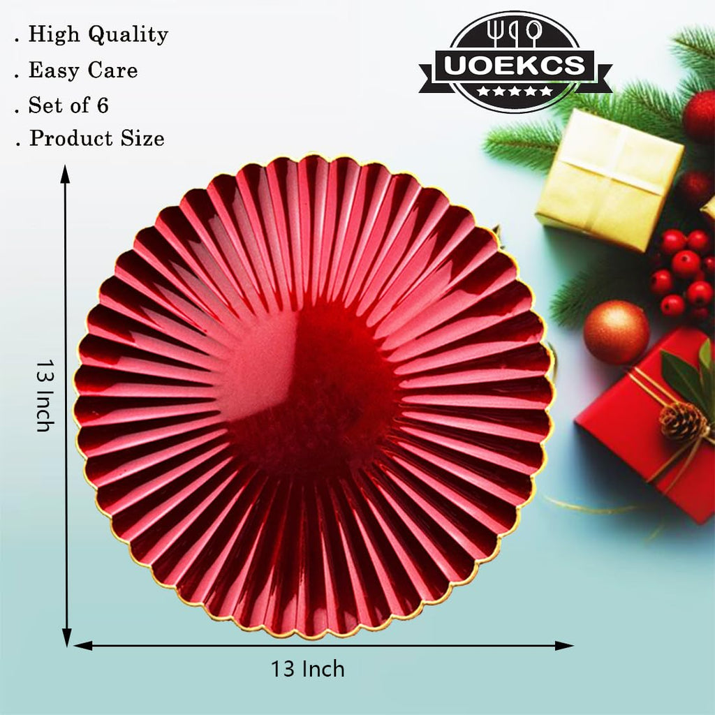 Red Charger Plates, 13 Inch Plastic Round Dinner Charger Plates for Wedding Party, Tabletop Decor. (Set of 6)