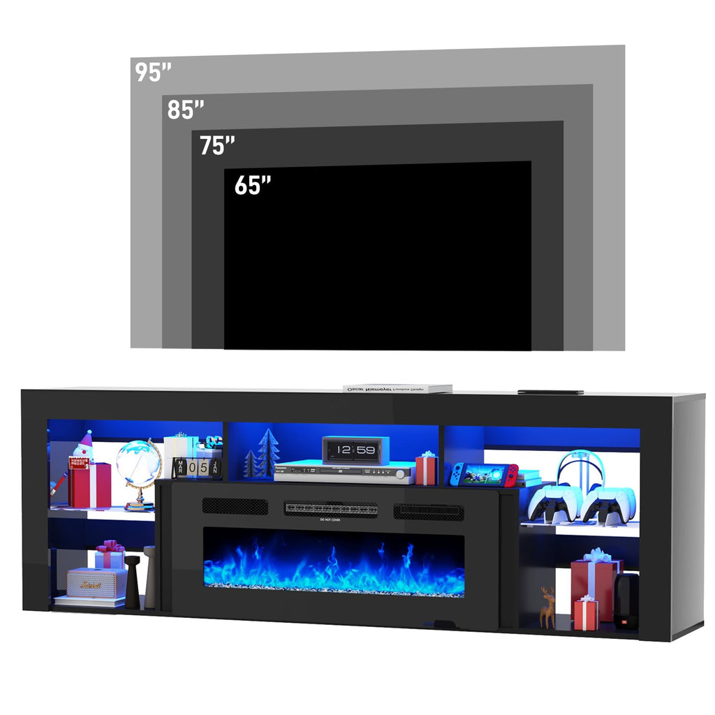 71" Floating for up to 85" TVs, Modern High Gloss Entertainment Center w/40 Electric Fireplace, Charging Station&LED