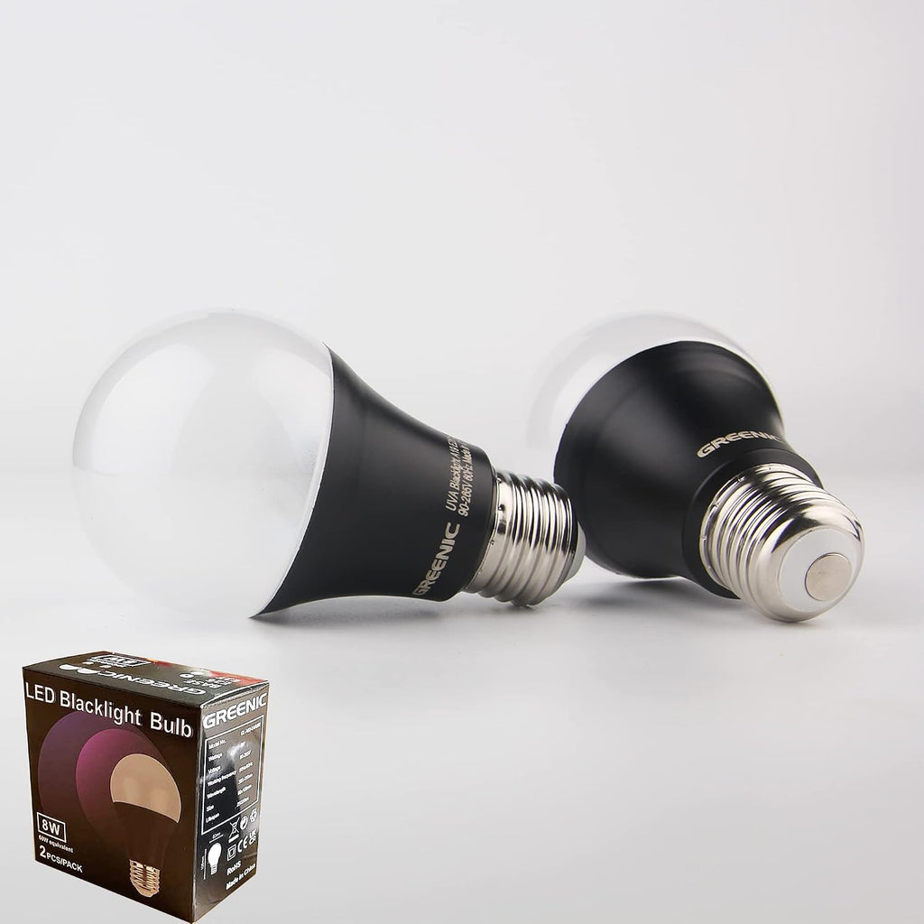 UV Led Black Light Bulb 2 Pack, 8W (60W Equivalent) A19 E26 Blacklight Bulb UVA Level 385-400nm, Glow in Dark