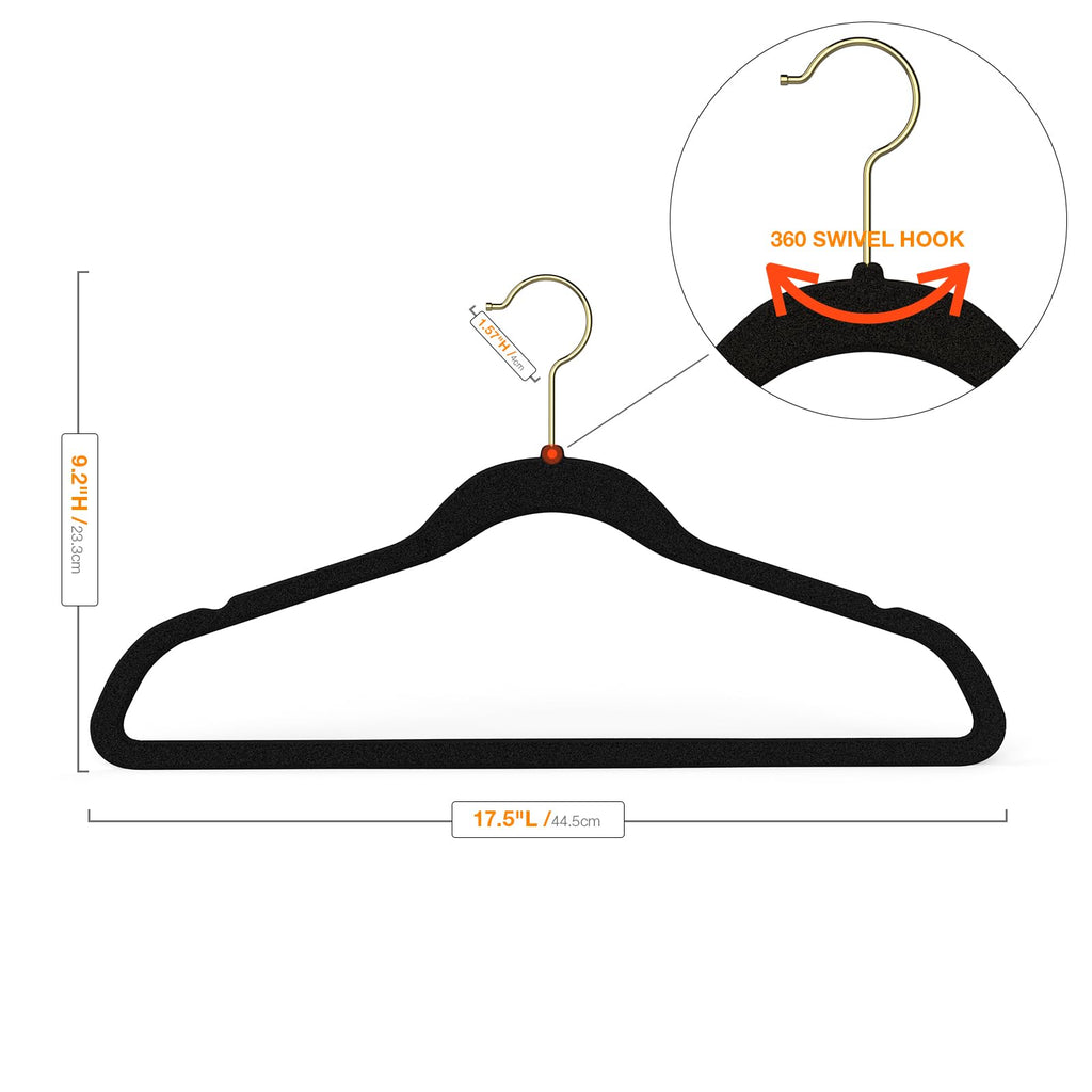 50 Pack Black Velvet Hangers, Felt Hangers with Gold 360°Swivel Hook, Coat Hanger Non Slip, Heavy-Duty, Space Saving, Slim