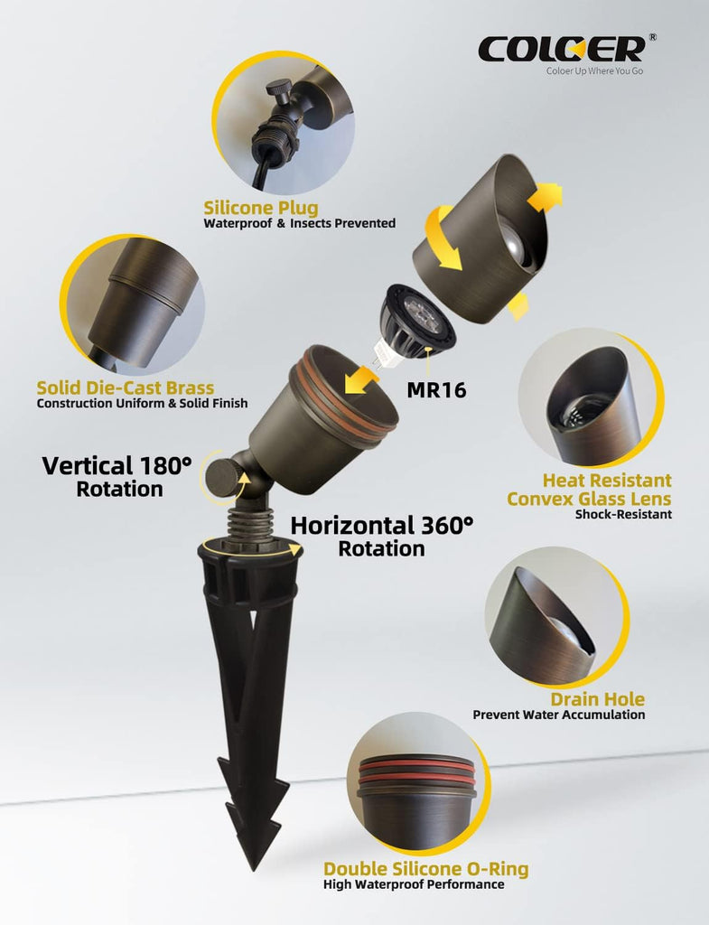 Brass Landscape Spotlights, 6 Pack Spot Lights Outdoor with 5W Aluminum Housing MR16 LED Bulb 2700K 450LM, 12V AC/DC