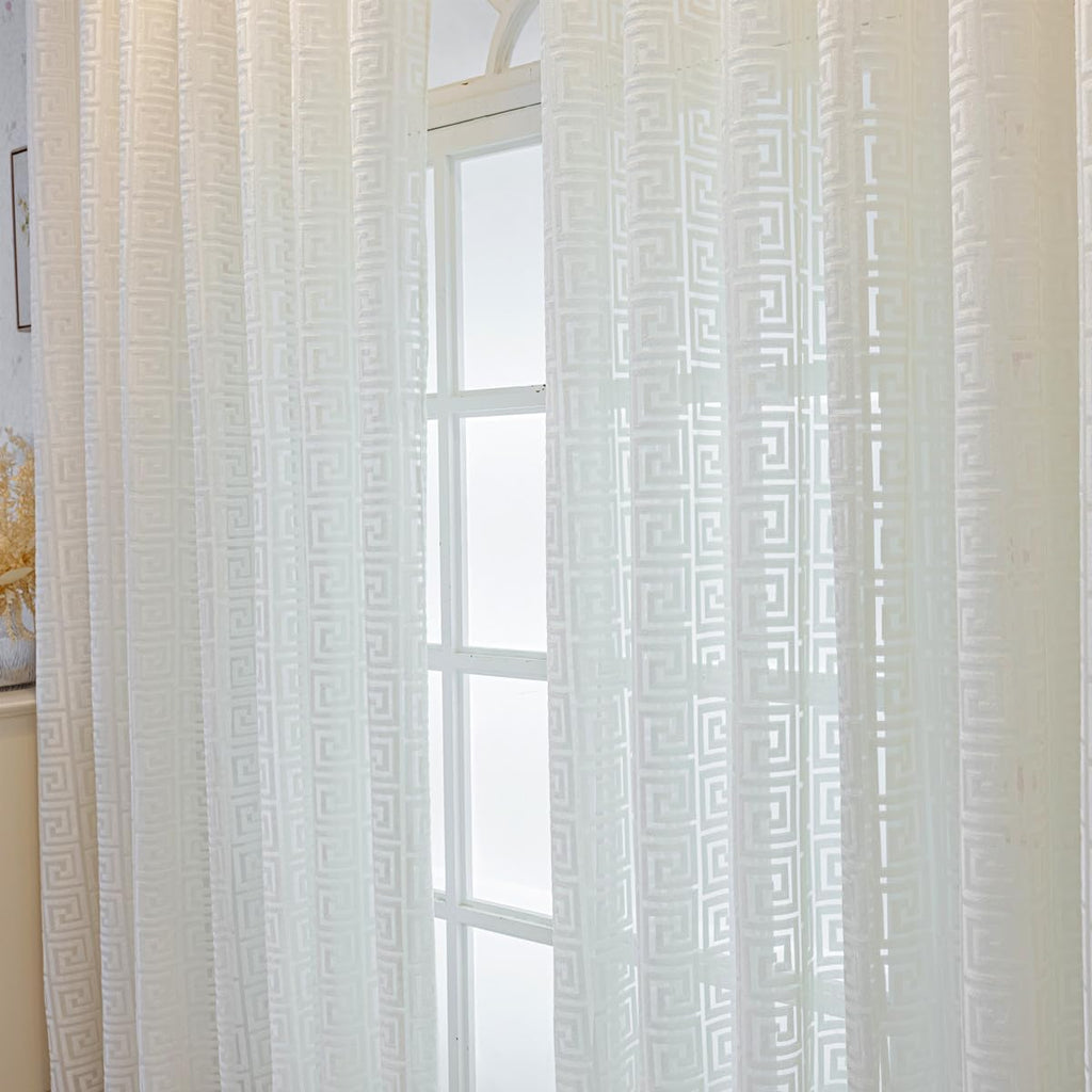 1 Pair Luxury Geometric Sheer Curtains for Living Room Jacquard Tulle Curtains for Bedroom (White,54x96 Inch)