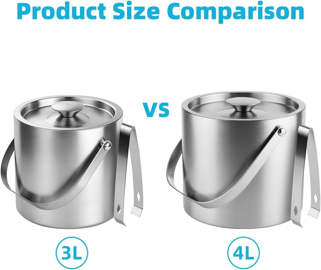 4L Double-Wall Stainless Steel Ice Bucket with Lid & Tongs