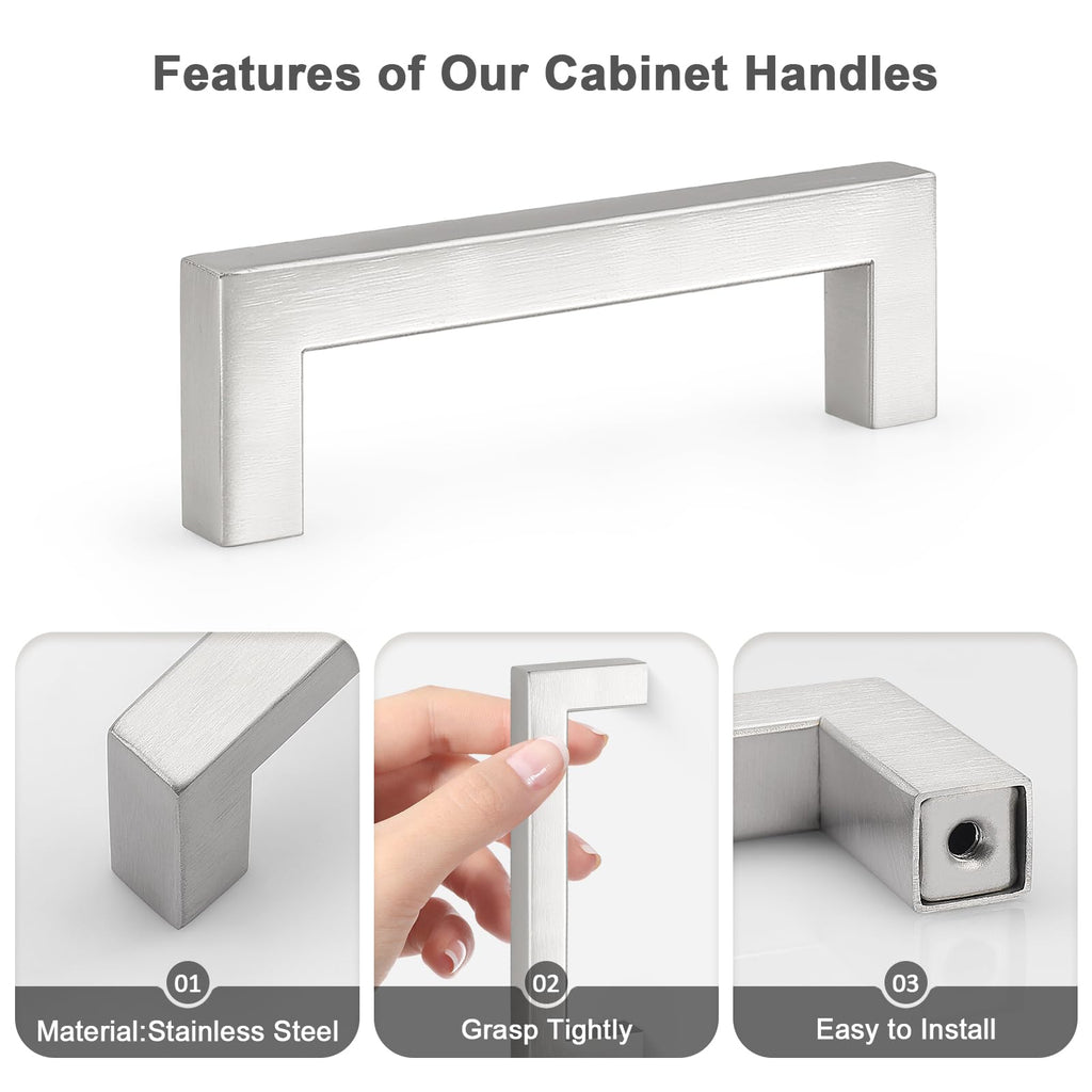 6 Pack Hole Centers 3.75inch Brushed Satin Nickel Kitchen Cabinet Pulls,Stainless Steel Drawer Handles,Square Corner