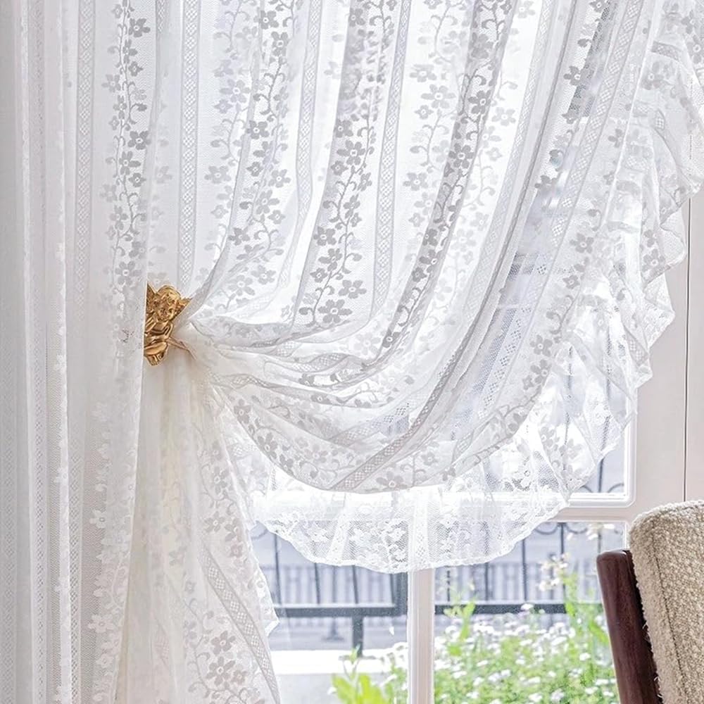 White Little Flower Knitted Lace Curtain with Ruffles for Daughters Bedroom