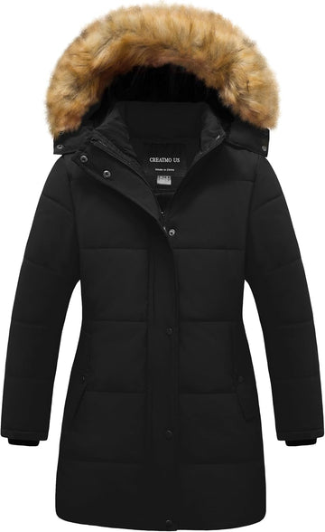 Girl's Winter Fleece Lined Long Parka Puffer Coat Thicken Ski Jacket With Fur Trim Hood