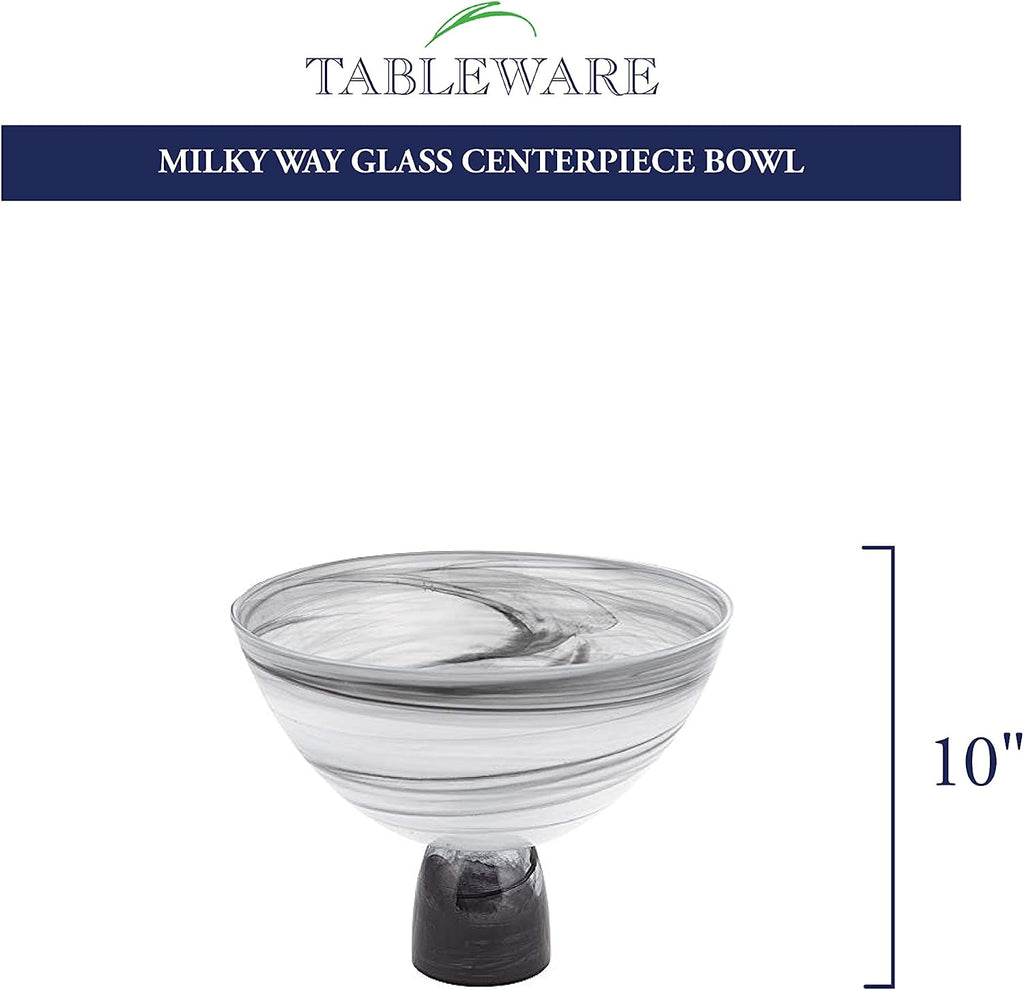 Milky Way Glass Centerpiece Bowl - 10" Handcrafted European Mouth-Blown Black and White Alabaster Glass Pedestal
