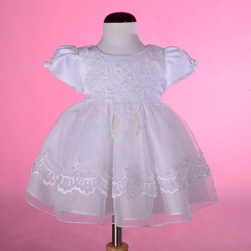 Baby Girls' Beaded Scalloped Embroideries Baptism Christening Gown White Dress with Lace Cape and Bonnet