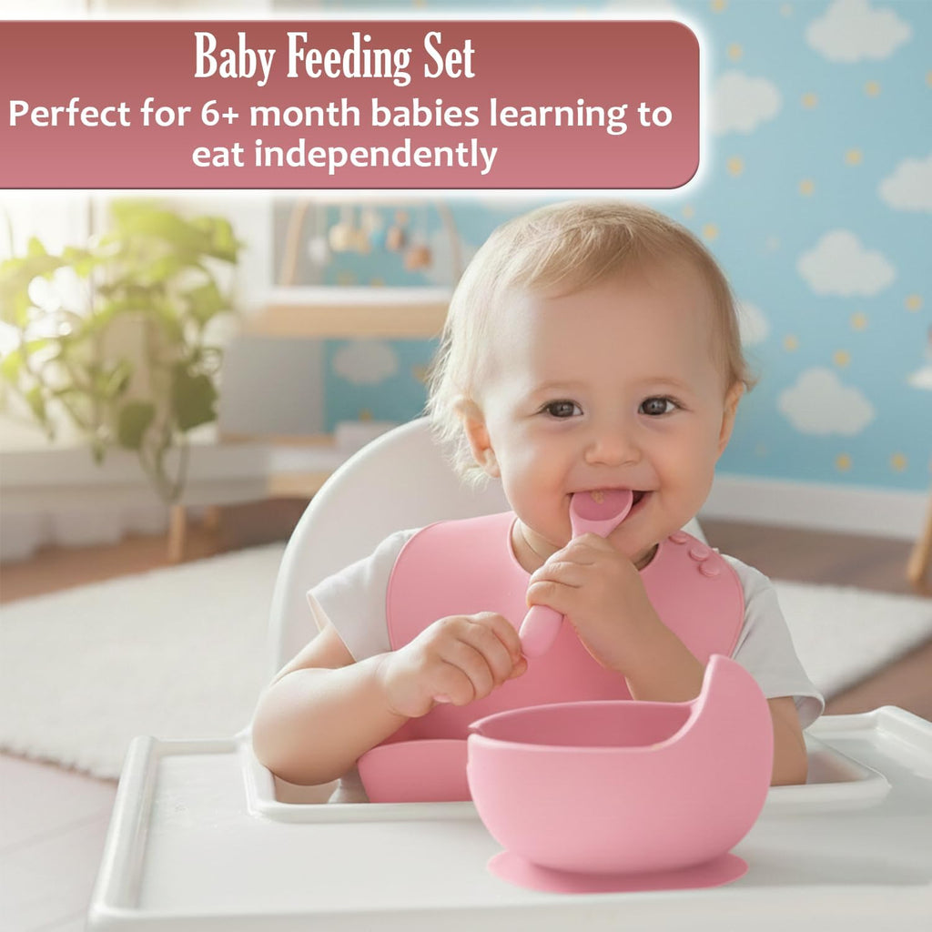 Feeding Set, Silicone Baby Feeding Set with Suction Bowls, Divided Plates, Adjustable Bib, Baby Utensils Spoons