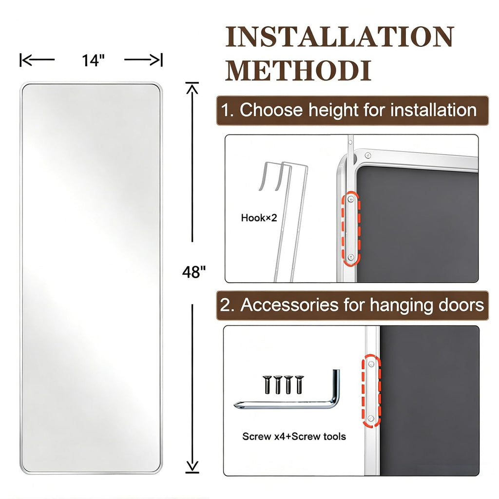 48x14 Rounded Rectangle Over Door Full Length Mirror Silver White