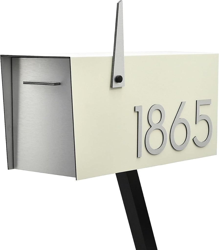 Contemporary Post-Mount Mailbox - Aluminum Ivory White Body with Aluminum Door, Numbers and Flag