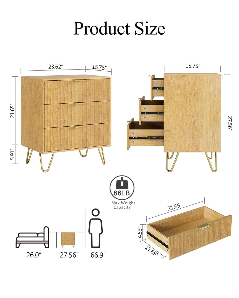 3 Drawer Dresser, 27.6" Modern Storage Dresser, Oak