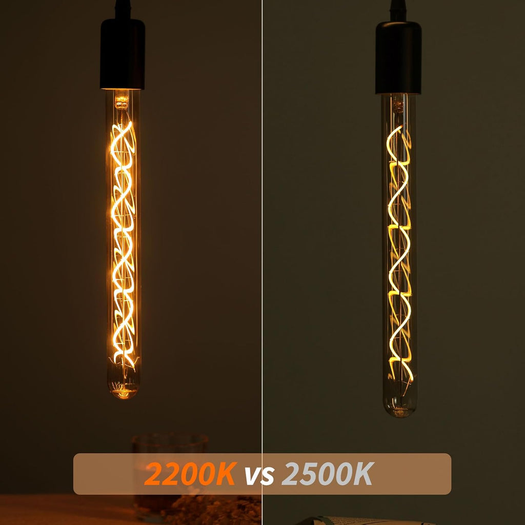 E26 T10 12 Inch Long Tubular LED Edison Bulbs, 6W(60W Eqv) 120V, 2200K Ultra Warm Candlelight, Dimmable, Spiral