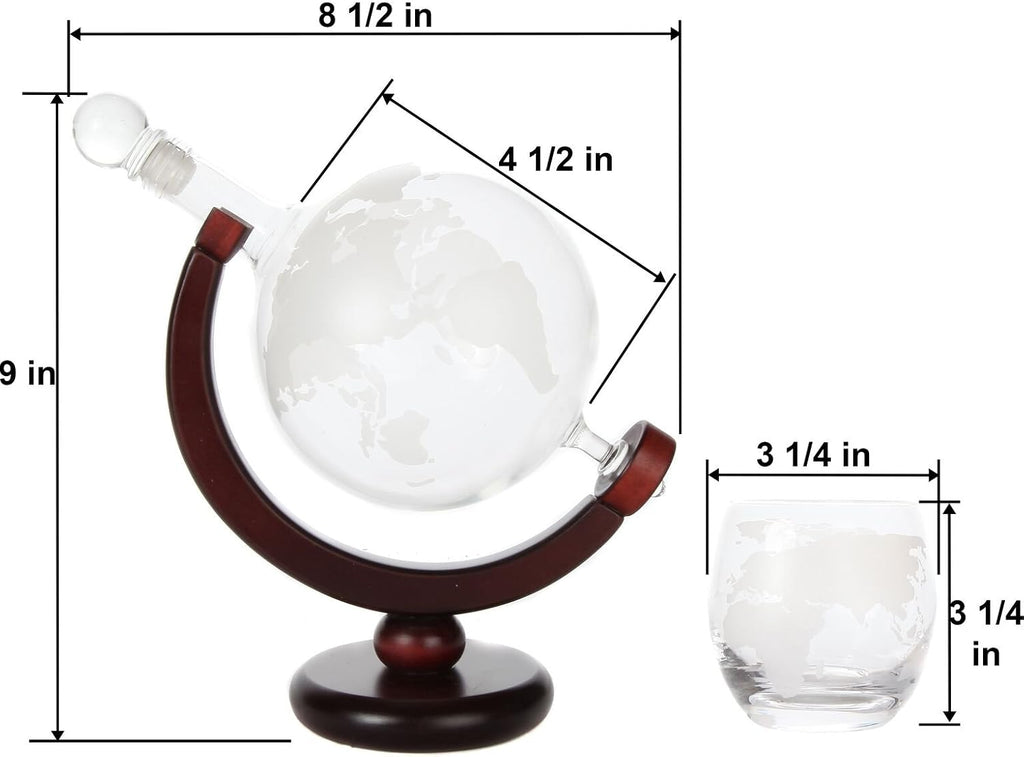 World Globe Whiskey Decanter with Dark Finished Wood Stand, Bar Funnel, and 2 Matching Glasses (850 ml)