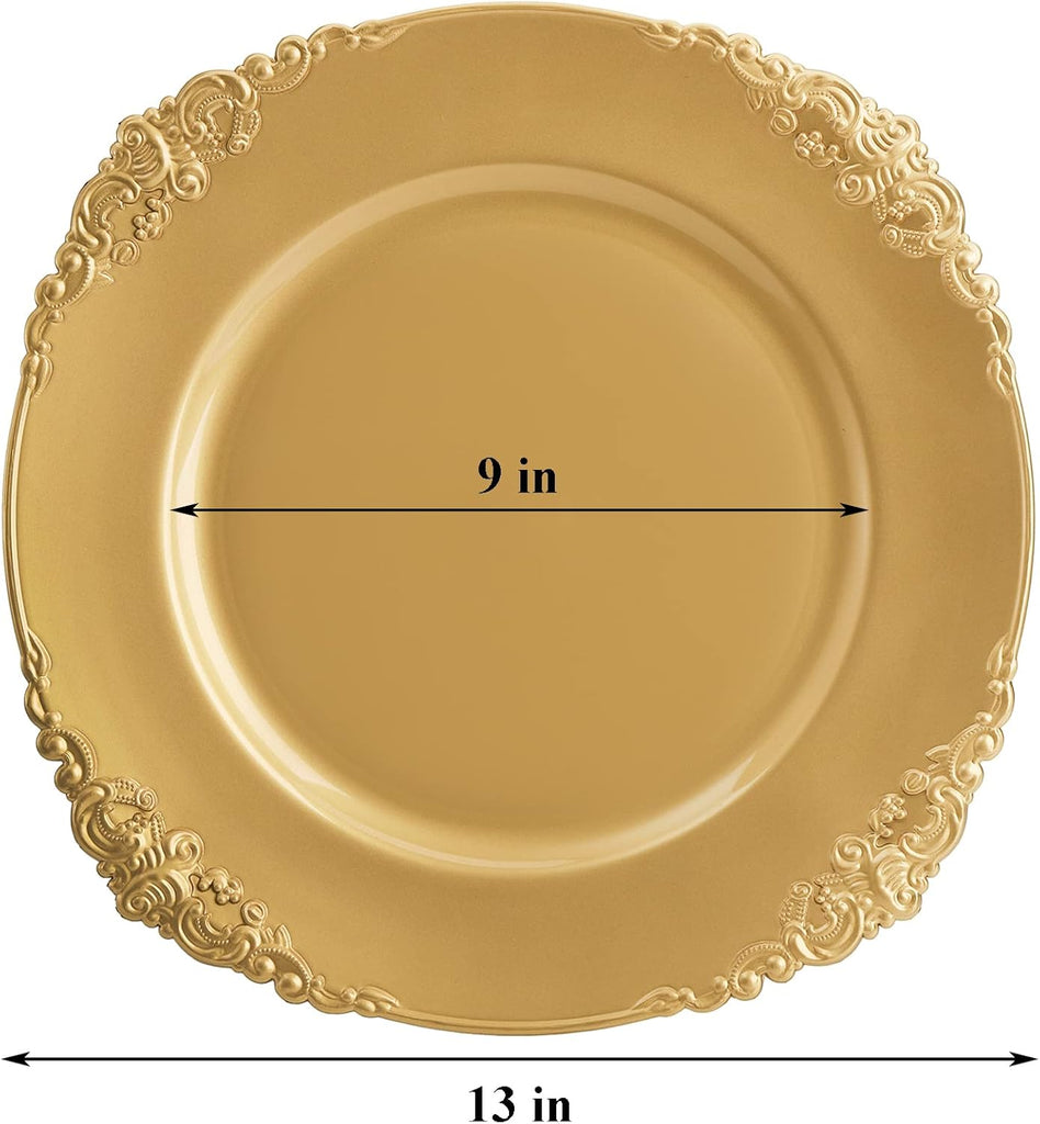 Gold Charger Plates, 13" Round Dinner Charger Plates with Embossed Rim for Catering, Wedding, Tabletop Decor - Set of 12