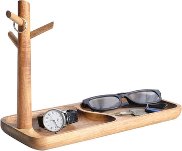 Wood Key Tray for Entryway Table, Jewelry Tray, Catchall Tray with 3 Stand Hanging Organizer, for Rings, Phone