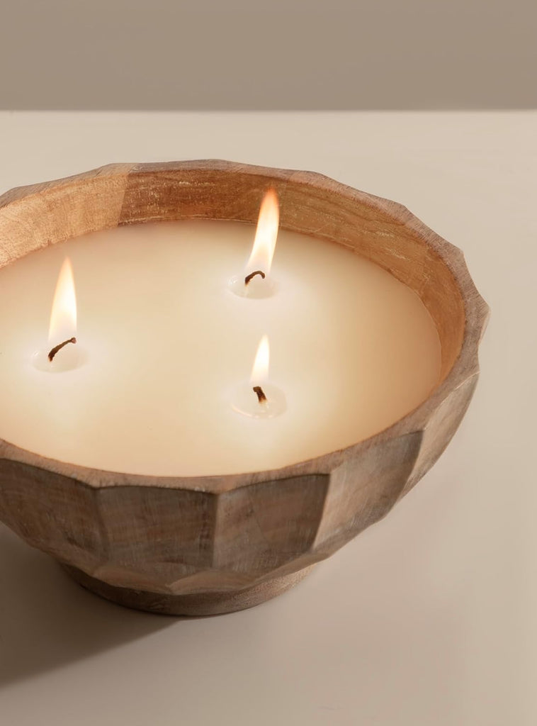Plete Round Pleated Wood Candle Bowl, 8 Inch Diameter, Light Natural, Modern Scalloped Three-Wick Unscented Candle
