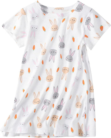 Girl's Cotton Nightgowns Short Sleeve Princess Sleep Shirts Comfy Nightdress Sleepwear