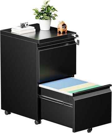 2 Drawer Mobile File Cabinet with Lock, Fully Assembled | Under Desk Metal Filing Cabinet Organization, Fits