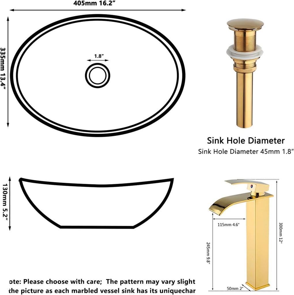 16" Gold Bathroom Sink Ceramic Vessel Sinks for Bathrooms Above Counter Bathroom Sink Oval Vessel Sink with Faucet