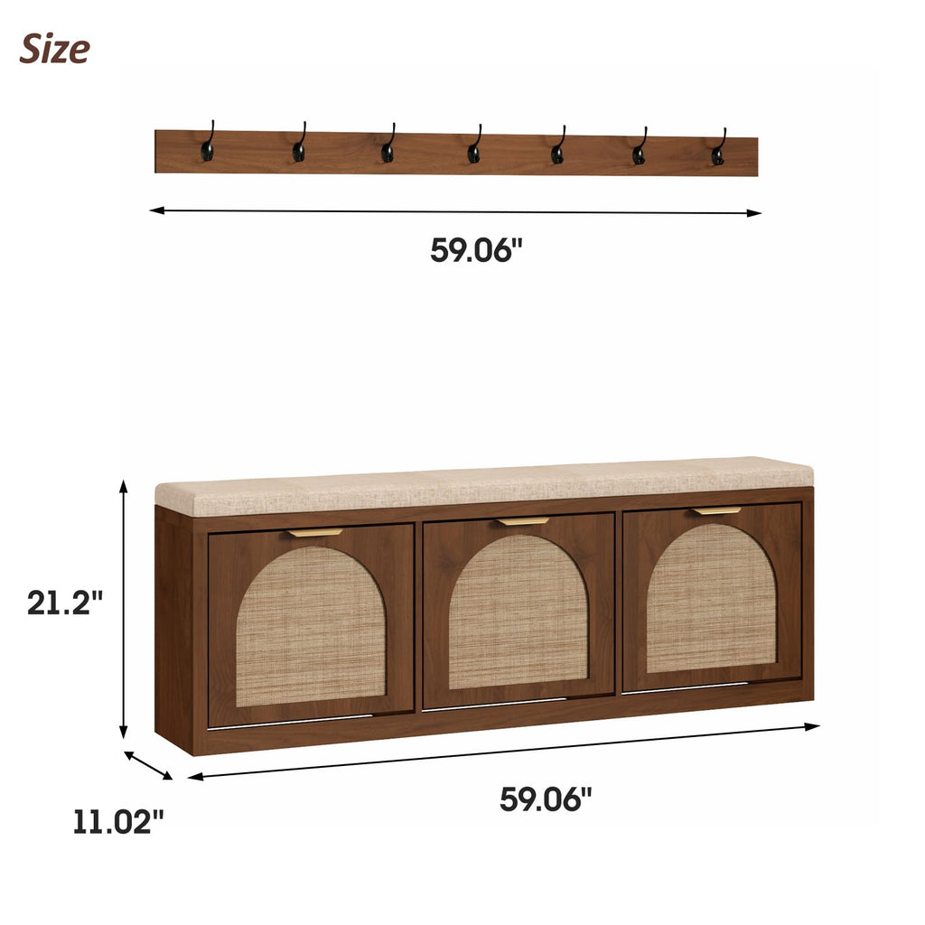 Rattan Narrow Entryway Bench with Shoe Storage, 3 Flip Drawers & Coat Rack, Mid-Century Modern Wood Shoe Cabinet with