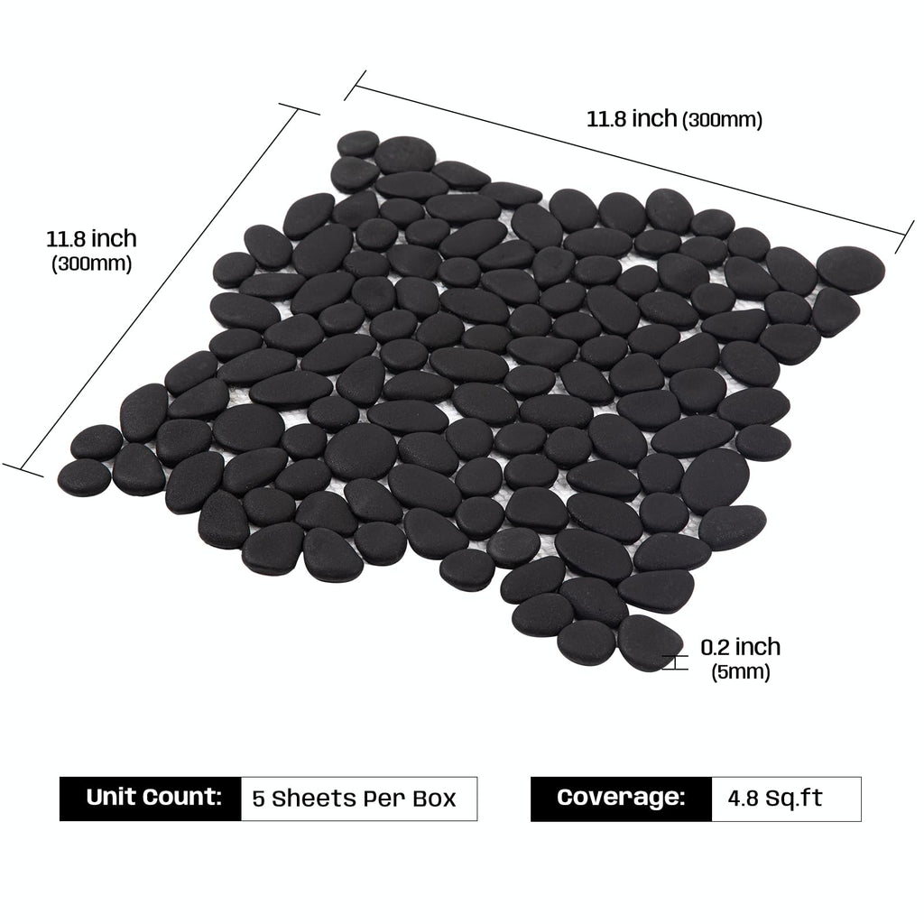 Pebble Tile for Shower Floor, 12"x12" Black Pebble Tiles, 5 Pcs