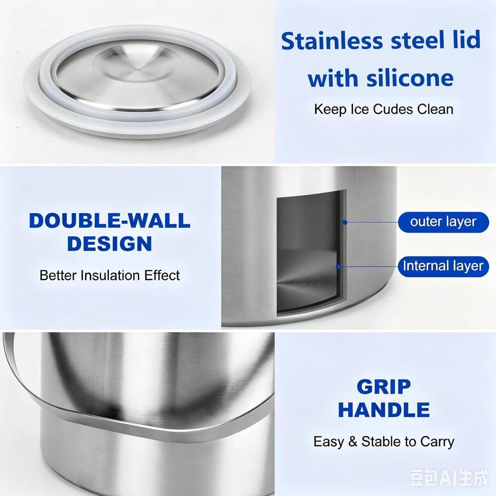 Ice Bucket, 3L Double Wall Insulated Ice Bucket with Lid,Scoop,Tongs- Inner Layer 304 Stainless Steel Ice Container