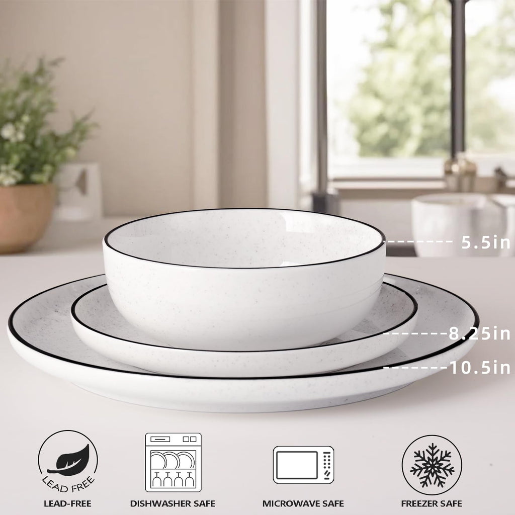 Plates and Bowls Sets for 4,12 Pieces Ceramic Dish set, White Dinnerware Set , Modern Design Plate Sets with Black