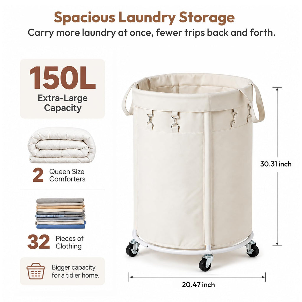 150L Large Capacity Rolling Laundry Basket Hamper with Wheels, Clothes hamper and Removable Bag , Laundry Room