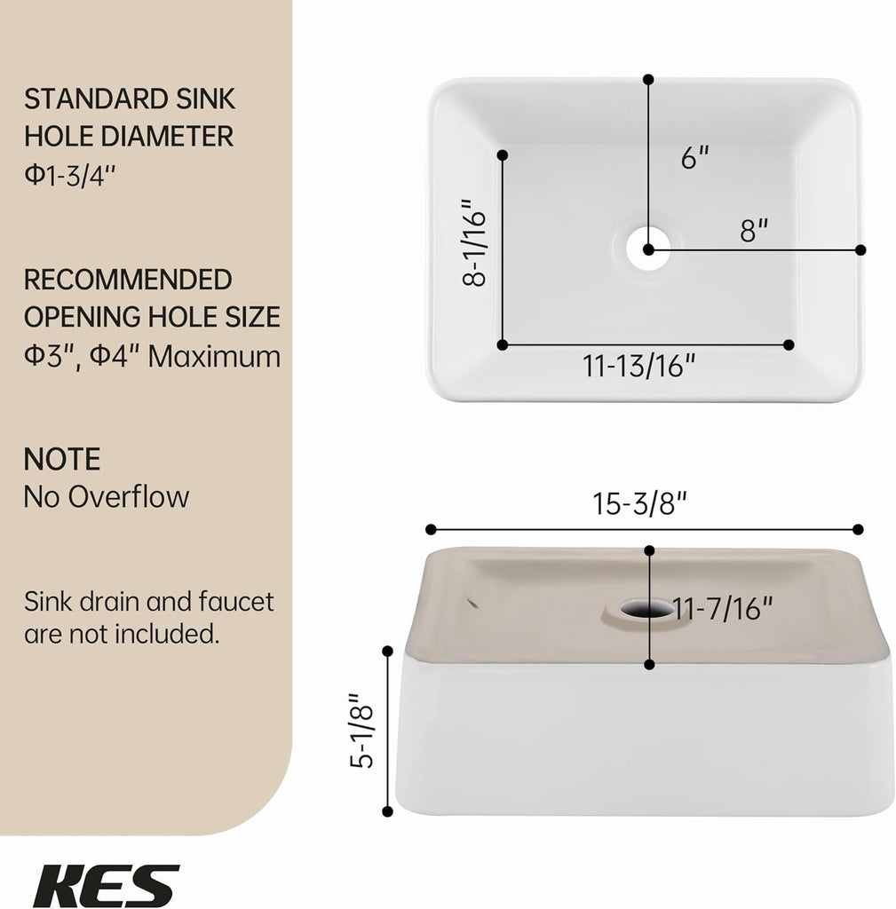 Bathroom Vessel Sink, Rectangular 16"X12" White Vessel Sink for Bathroom Countertop, Bathroom Sink Above Counter, Rectangle Porcelain