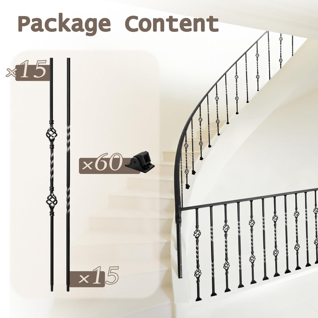 30 Pack Wrought Iron Balusters for Staircase Interior, 1/2" x 44" Hollow Deck Spindles Stair Railing Indoor with 60