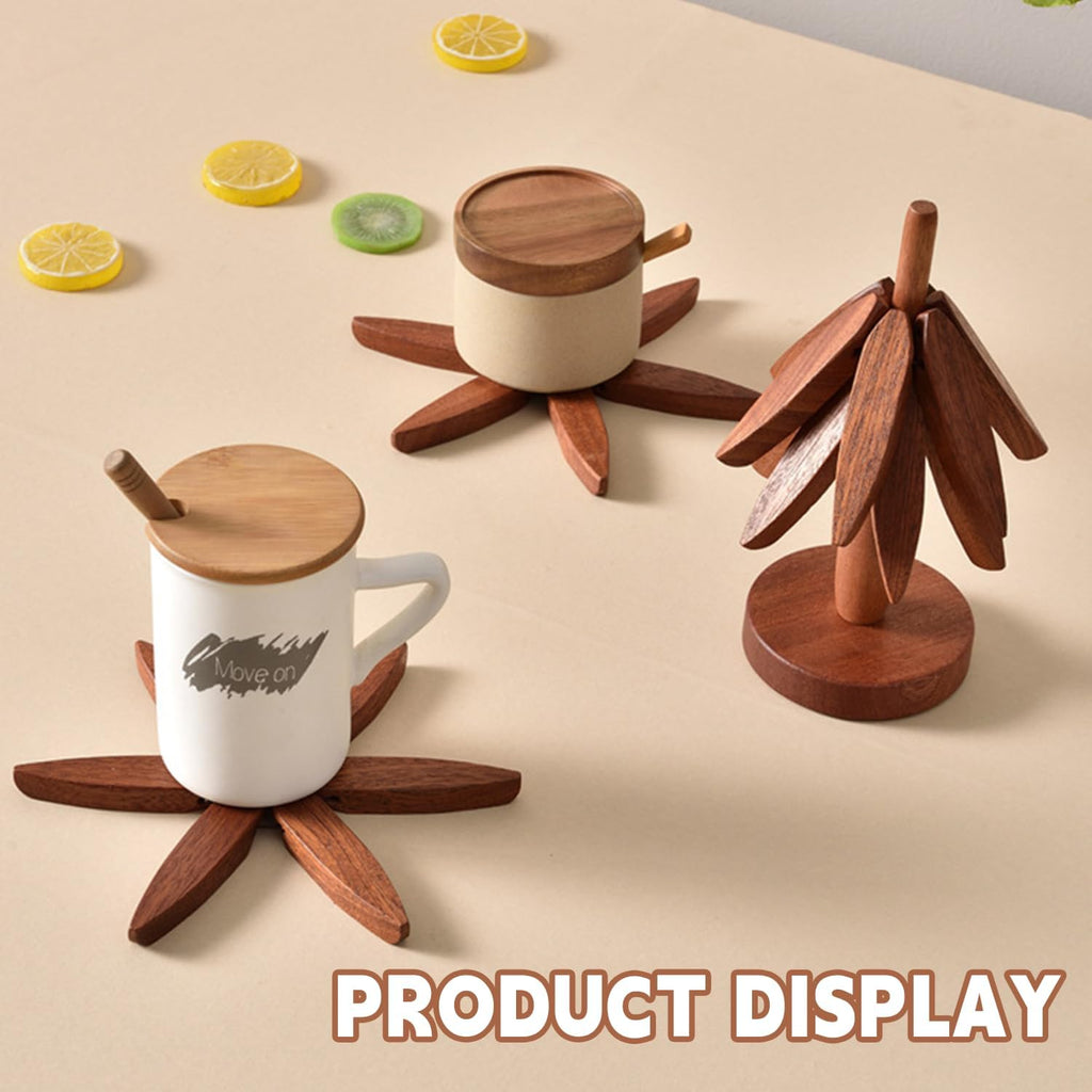 Wooden Trivets for Hot Dishes, Tree Shape Trivet Set, 4 Walnut Wood + 1 Stand stored Like a Christmas Tree,Foldable