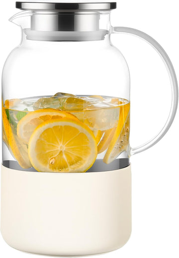 Water Jug Water Pitcher with Silicone Base 61oz/ 1.8L, Hot& Cold Glass Pitcher with Lid and Handle, Glass Carafe with