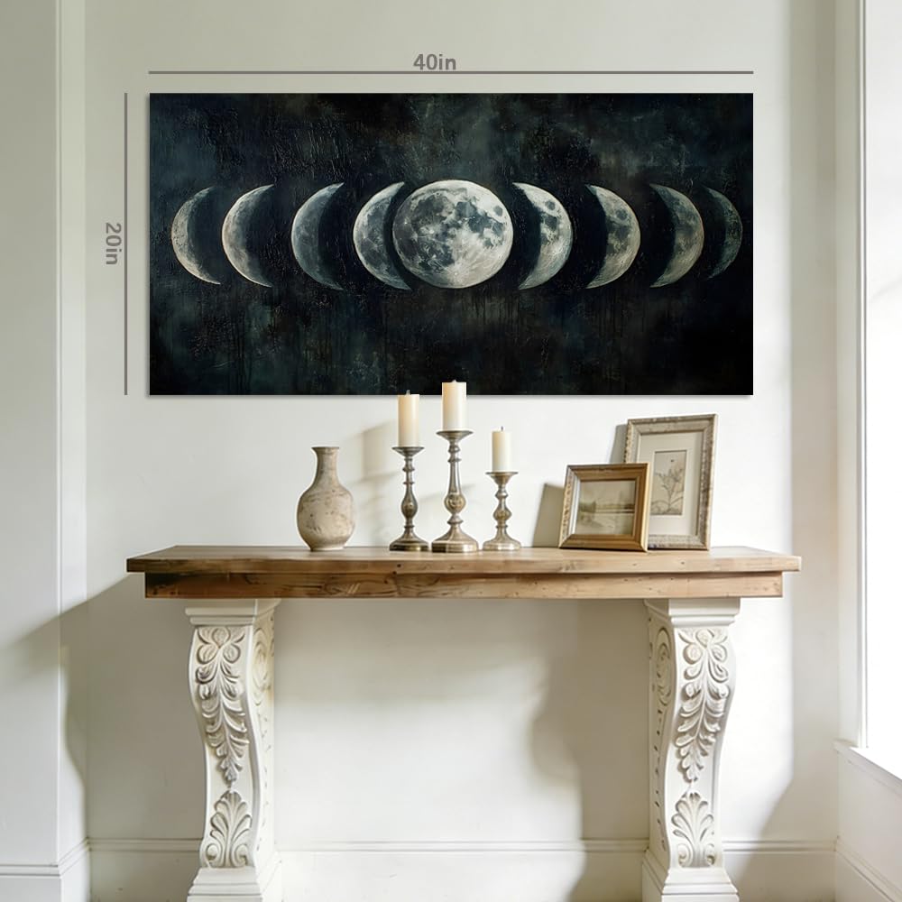 Moon Phase Canvas Wall Art Lunar Cycle Celestial Painting Flat Print Gallery Wrapped Dark Moody Artwork Bedroom