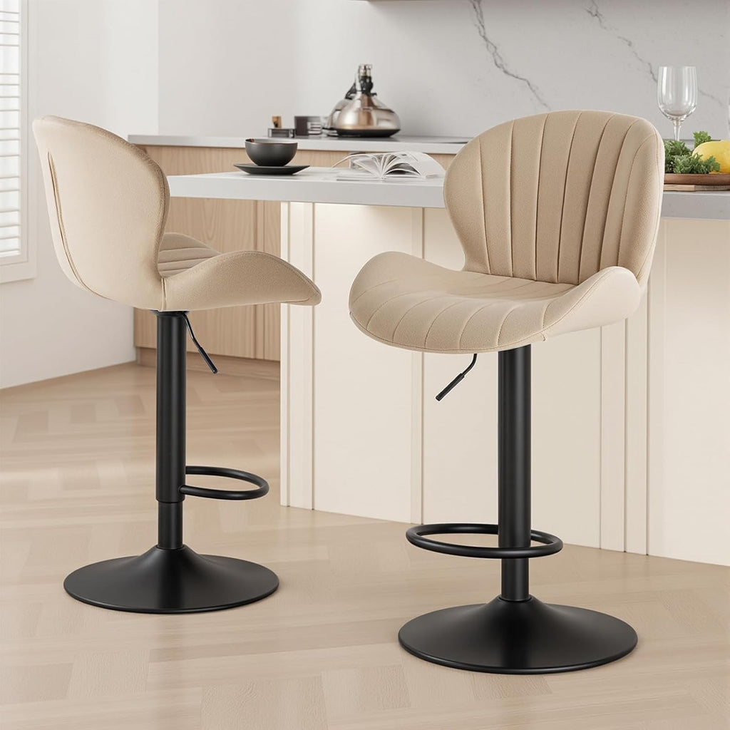Bar Stools Set of 2, Modern Swivel Bar Chairs, Adjustable Fabric Upholstered Barstools Counter Height with Backrest