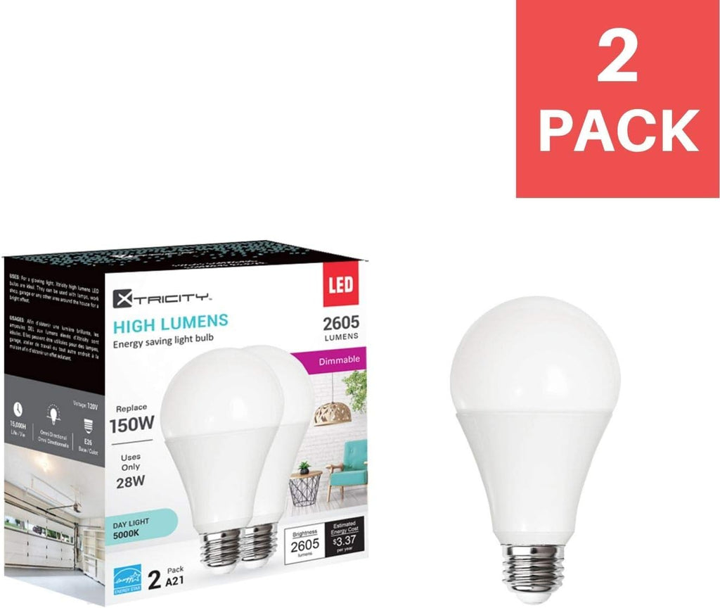 High Lumen A21 LED Bulb, 28 Watt Bulb, (150W Equivalent), 2605 Lumens, 5000K Daylight, Dimmable LED, E26 Medium Base
