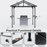 8'x 5' Hardtop Grill Gazebo, Outdoor BBQ Gazebo Metal Roof Canopy with 2 Metal Side Shelves & 5 Tool Hooks for