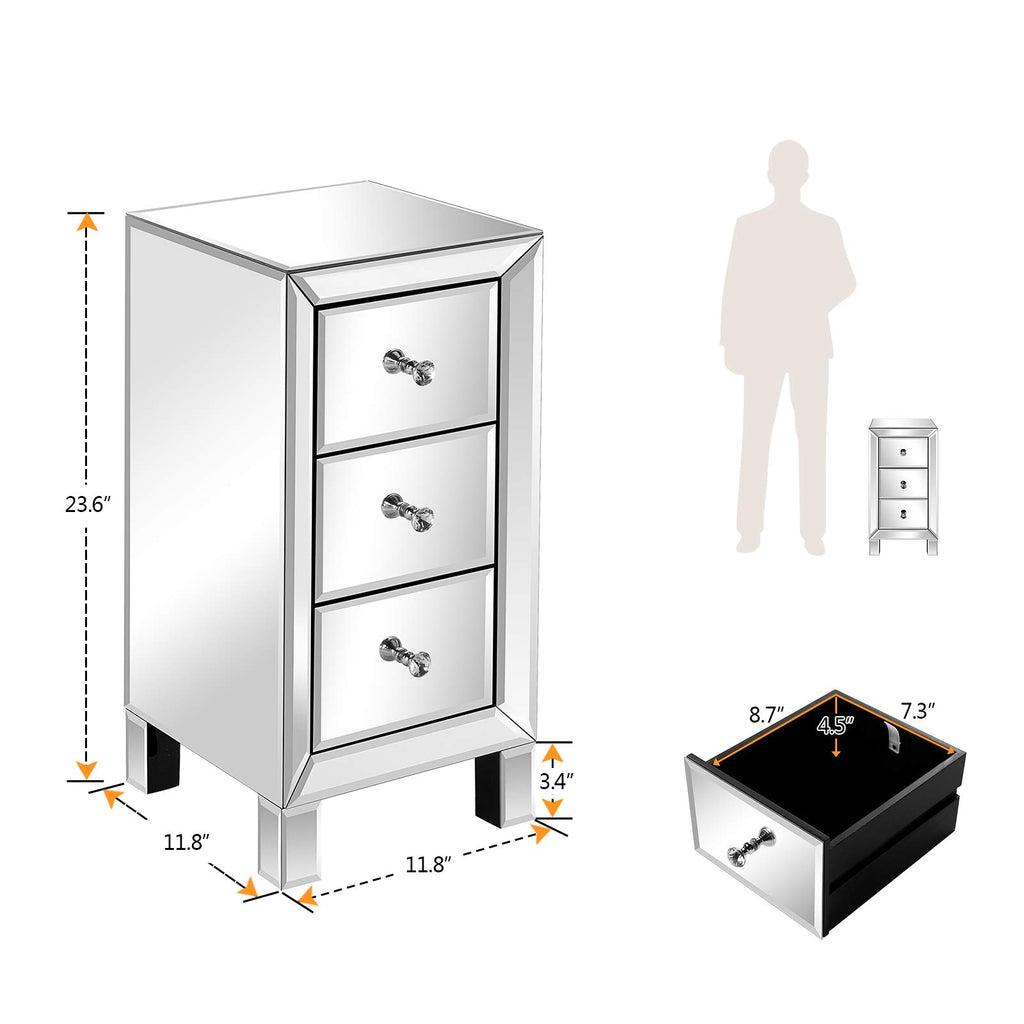 3-Drawer Mirrored Nightstand End Table Bedside Table, Silver, 11.7" L x 11.8" W x 23.8" H