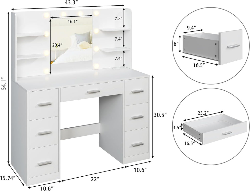 Vanity Desk with Mirror, Power Outlet and 10 Lights, Makeup Table with 7 Drawers, 3 Color Modes Available , Pure White