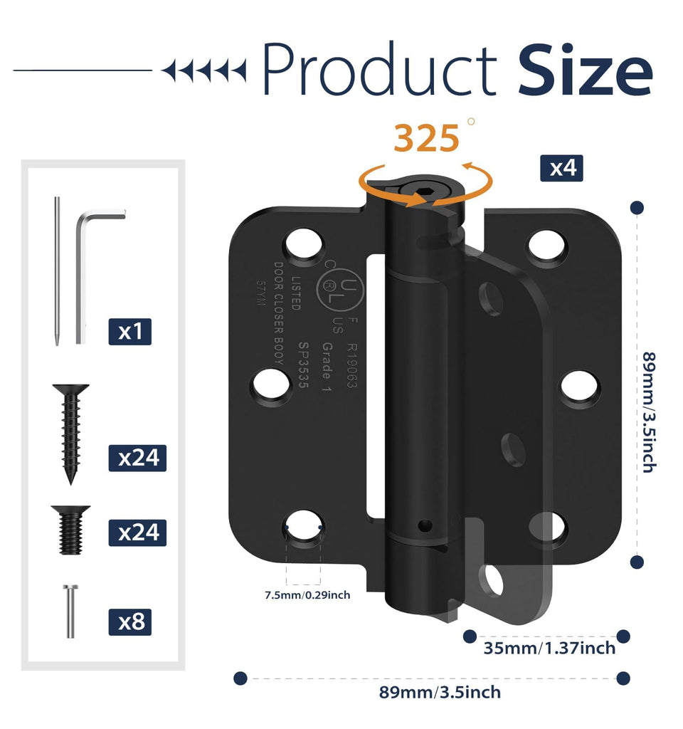 4-Pack 3.5 Inch Self Closing Door Hinges, 5/8" Radius Corners, Black