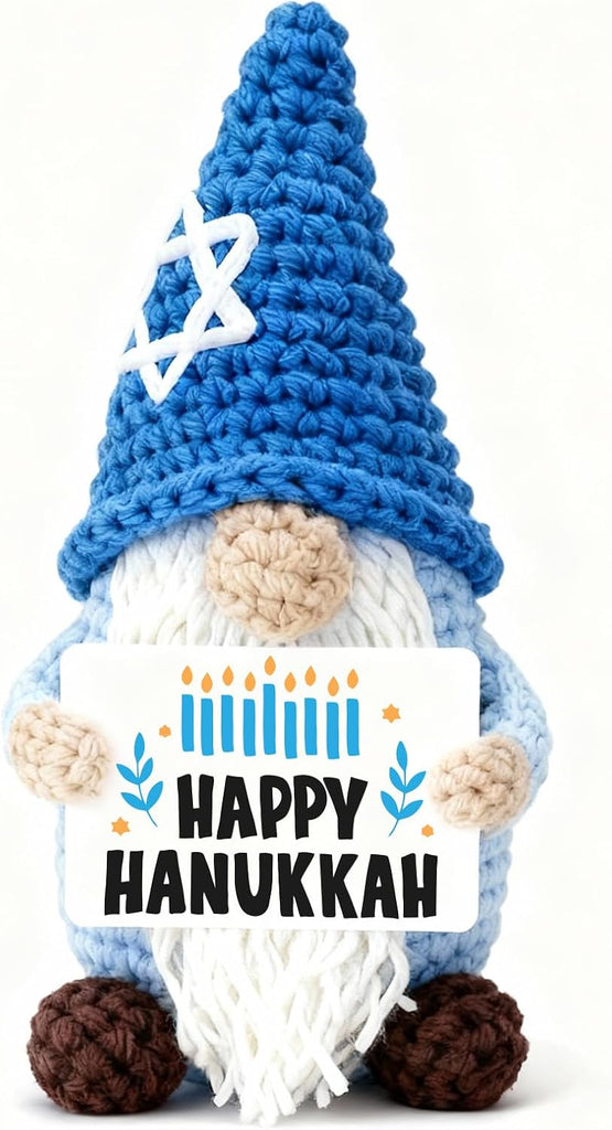 Hanukkah Gnome Crochet Plush, Handmade Blue Gnome with Star David Hat & Happy Hanukkah Candle Card, Mini Amigurumi