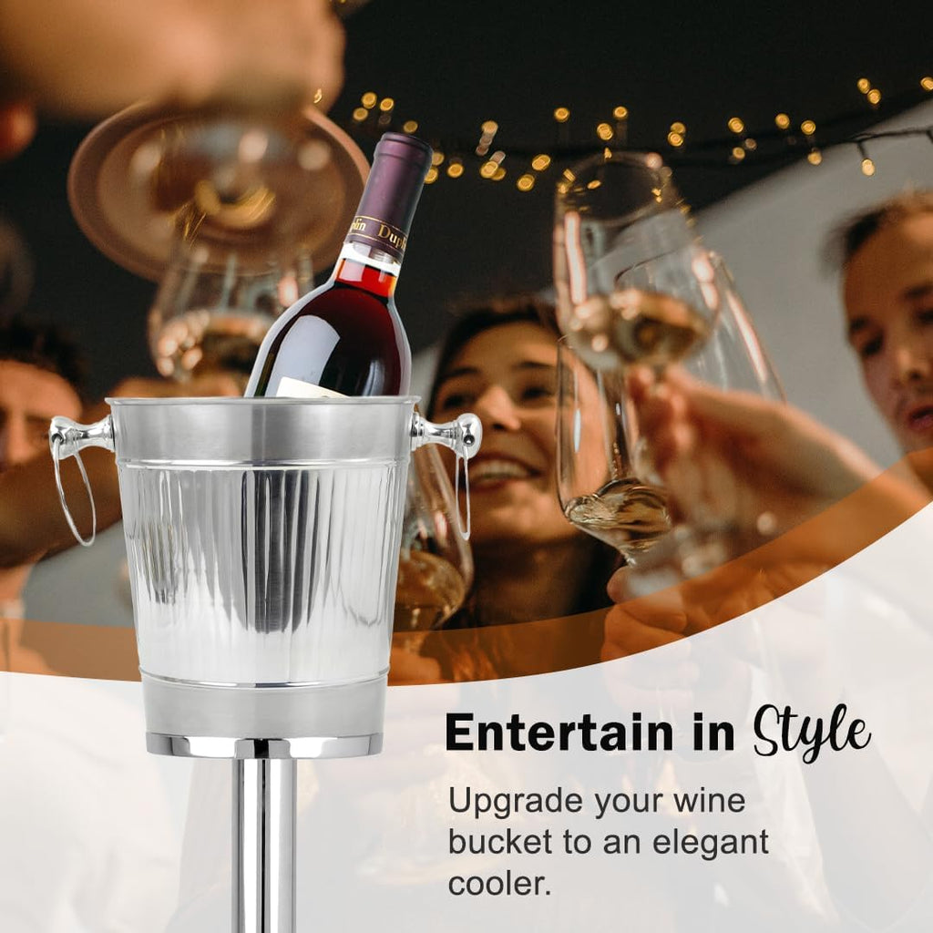 Vertical Striped Nickel Plated Majestic Wine & Ice Bucket with Steel Bucket Stand | Wine Chiller On Stand Kitchenware