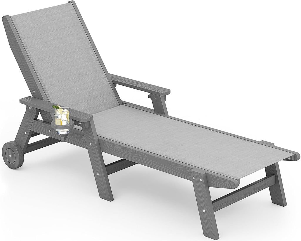 Textilene Patio Chaise Lounge Chair, HDPE Outdoor Lounger | with Rolling Wheels, Gray