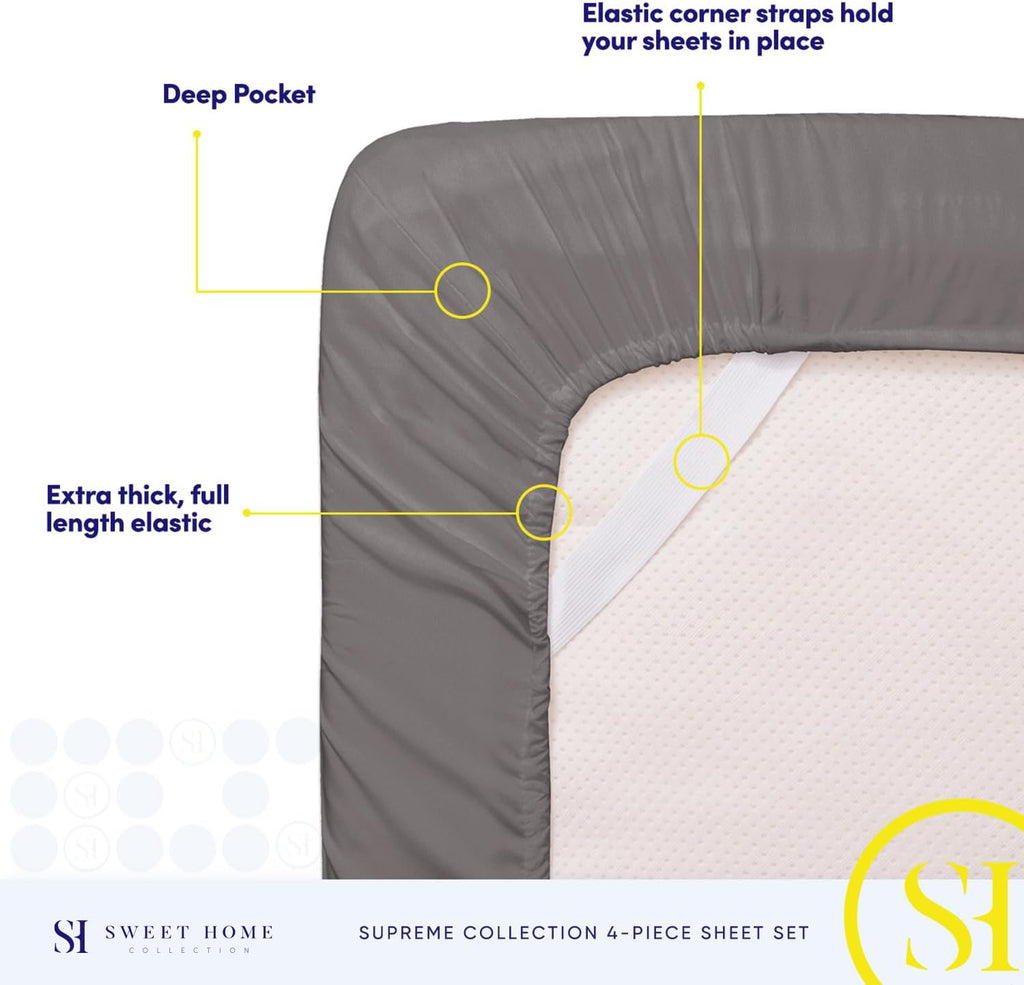 King Sheets - Breathable Luxury Bed Sheets with Full Elastic & Secure Corner Straps Built In - 1800 Supreme