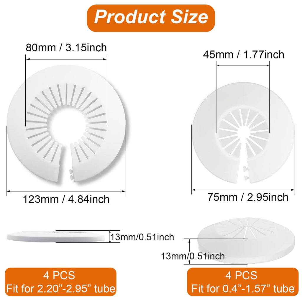 8Pcs Plumbing Cover Plates White Escutcheon Plate Plastic Flange Pipe Covers (4PCS Apply to 0.4" to 1.57" and 4PCS