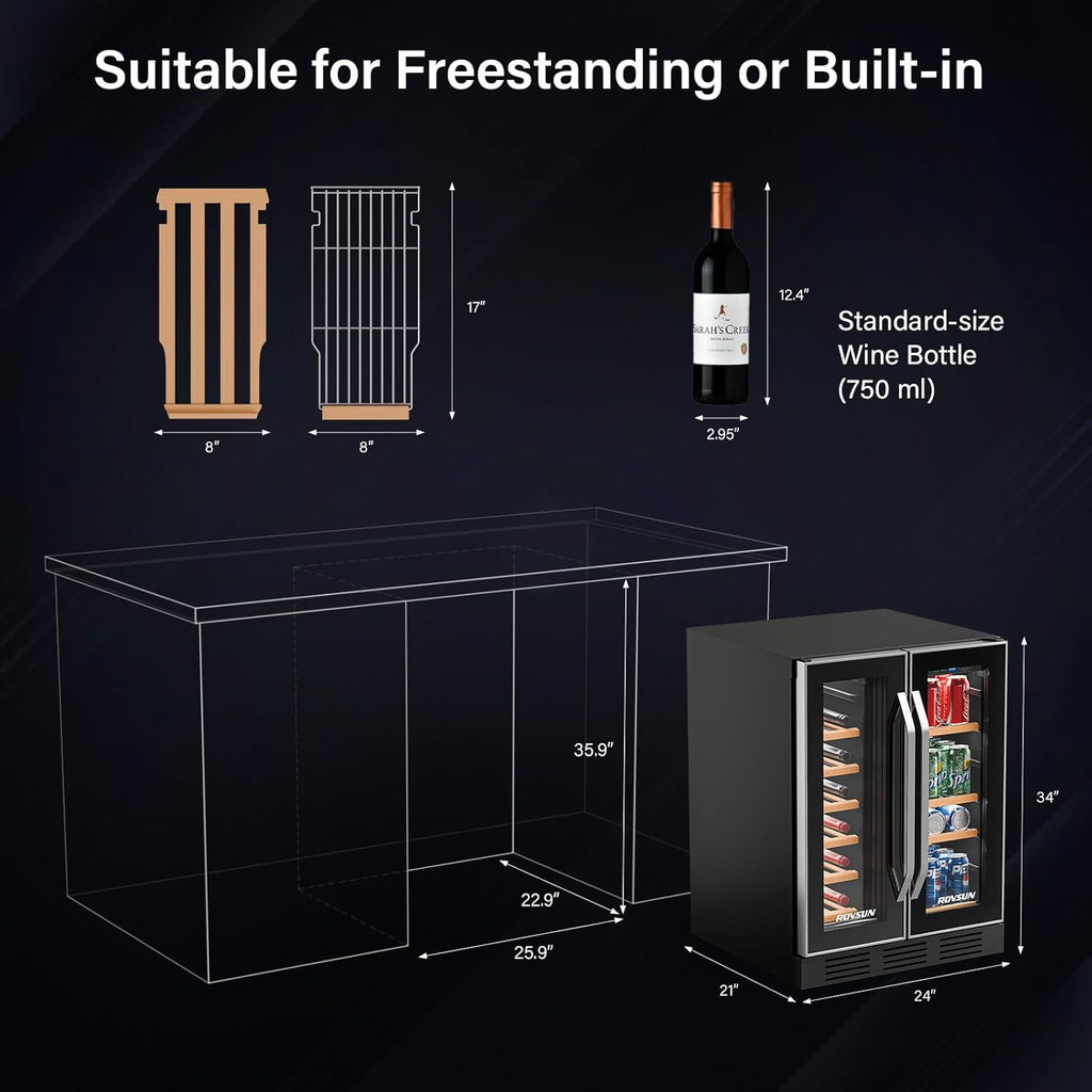 Dual Zone Wine and Beverage Refrigerator, 34 Bottle Wine Fridge with 2 Glass Doo