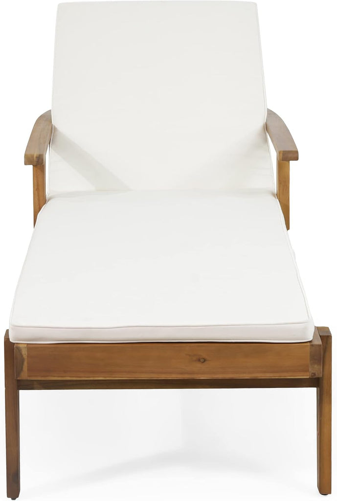 Acacia Wood Outdoor Chaise Lounge, Adjustable Reclining Patio Chair with Cushions, Modern Thin Slat Design, Durable