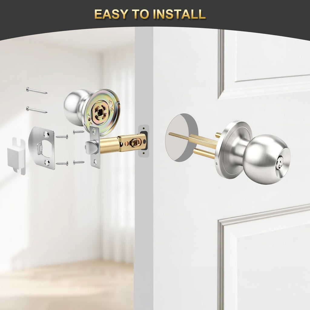 2 Pack Entry Door Knob with Lock, Keyed Different Door Lock for Exterior Door and Front Door, Standard Ball, Satin